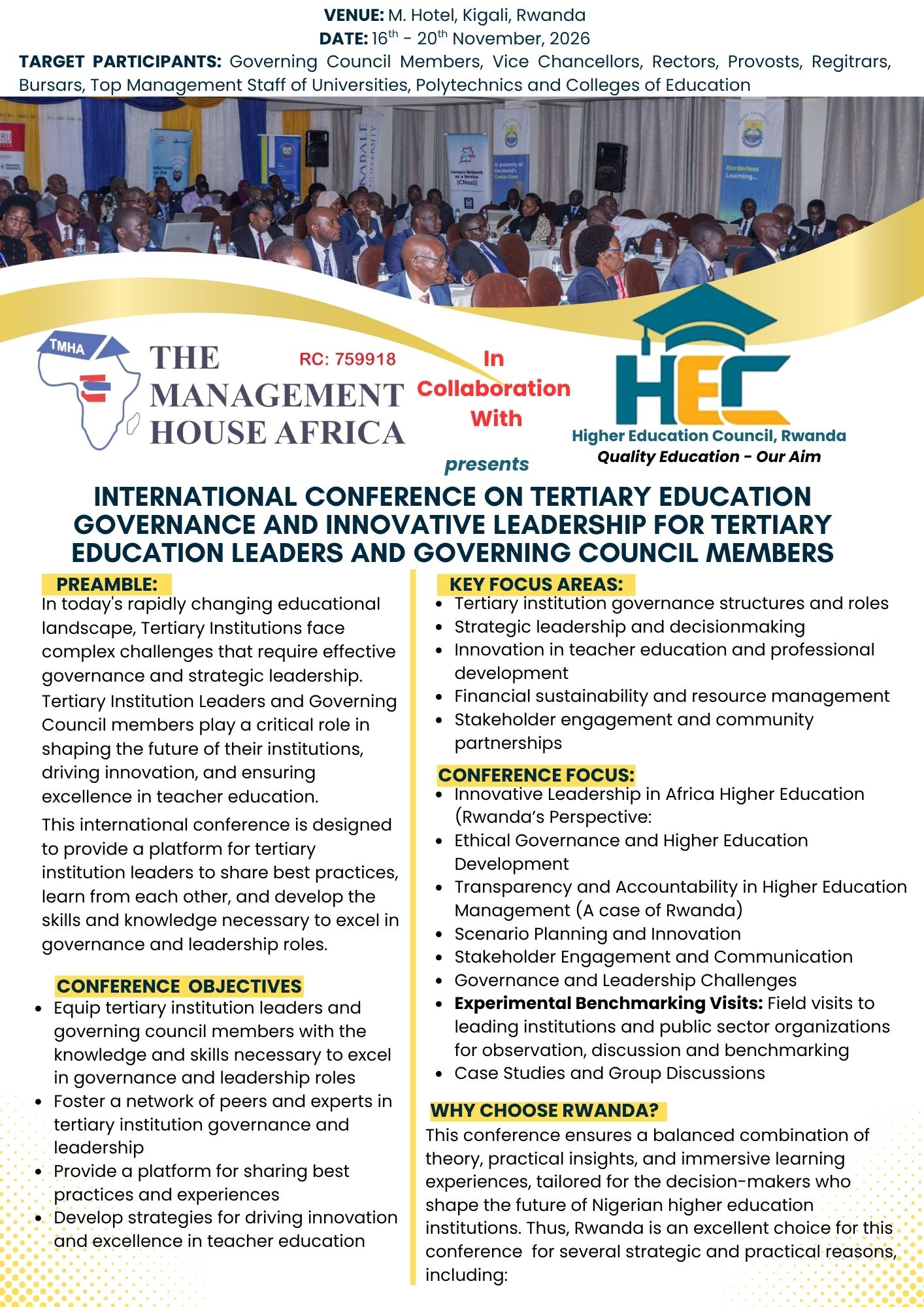 INTERNATIONAL CONFERENCE ON TERTIARY EDUCATION GOVERNANCE AND INNOVATIVE LEADERSHIP FOR TERTIARY EDUCATION LEADERS AND GOVERNING COUNCIL MEMBERS