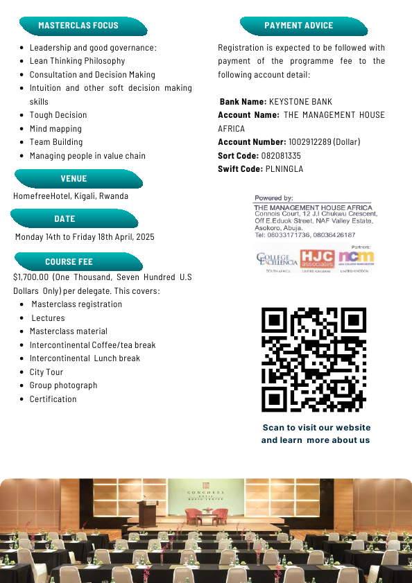 International Strategic Modern Leadership and Good Governance Masterclass for Legal Practitioners-April 14 to 18 2025